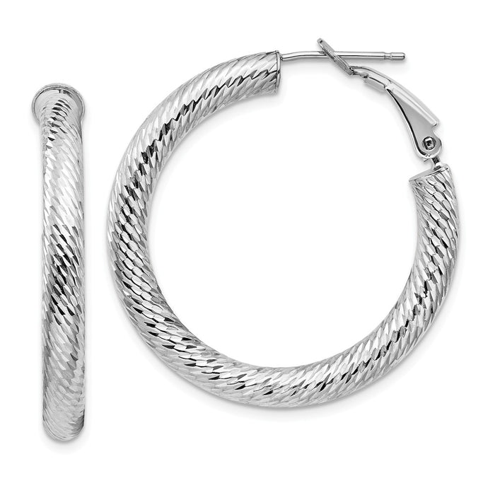 Million Charms 14k 4x25mm White Gold Diamond-cut Round Omega Back Hoop Earrings, 34mm x 33.6mm