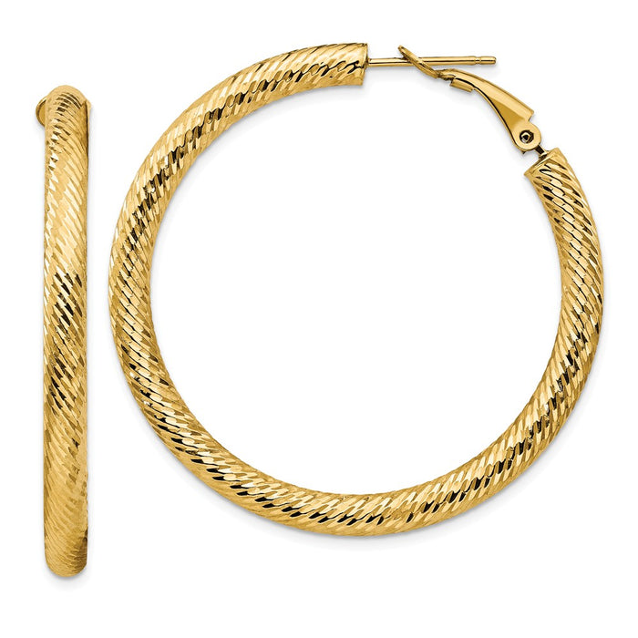 Million Charms 14k Yellow Gold 4x35mm Diamond-cut Round Omega Back Hoop Earrings, 45.75mm x 45.75mm