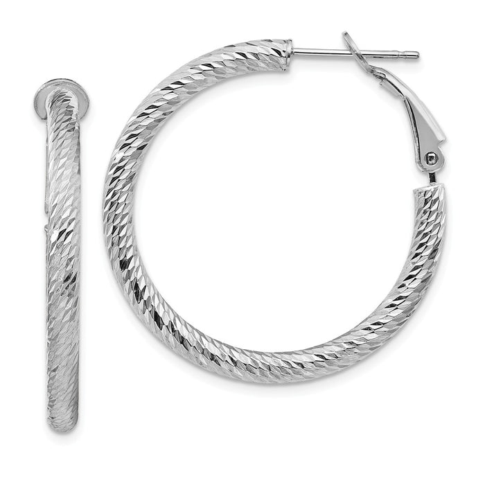 Million Charms 14k 3x25mm White Gold Diamond-cut Round Omega Back Hoop Earrings, 32.25mm x 32mm