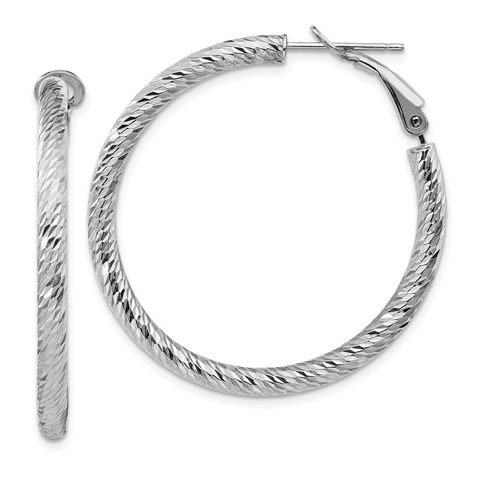 Million Charms 14k 3x30mm White Gold Diamond-cut Round Omega Back Hoop Earrings, 38.25mm x 38mm