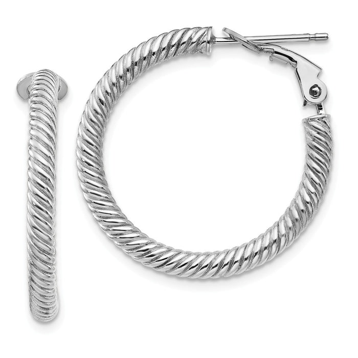 Million Charms 14k 3x20mm White Gold Twisted Round Omega Back Hoop Earrings, 26.5mm x 26.25mm