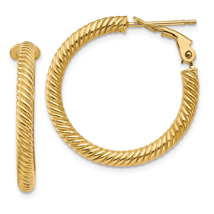 Million Charms 14k Yellow Gold 3x20mm Twisted Round Omega Back Hoop Earrings, 26.5mm x 26.25mm
