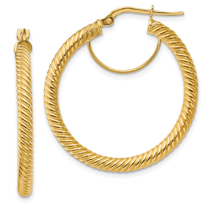 Million Charms 14k Yellow Gold 3x25mm Twisted Round Hoop Earrings, 34mm x 32mm