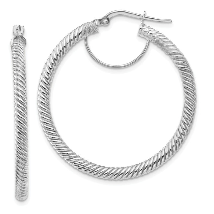 Million Charms 14k 3x30mm White Gold Twisted Round Hoop Earrings, 38.75mm x 37mm