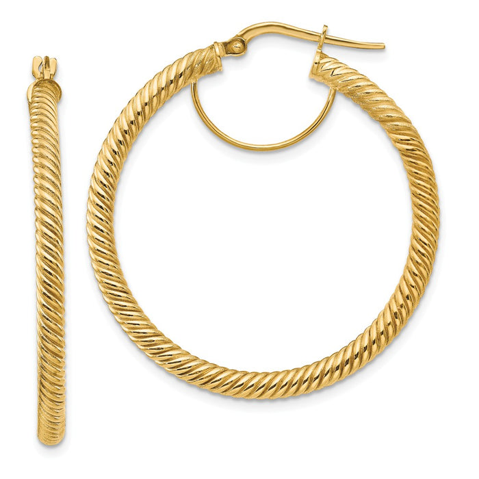 Million Charms 14k Yellow Gold 3x30mm Twisted Round Hoop Earrings, 38.75mm x 37mm