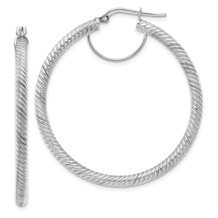 Million Charms 14k 3x35mm White Gold Twisted Round Hoop Earrings, 45.5mm x 44.75mm