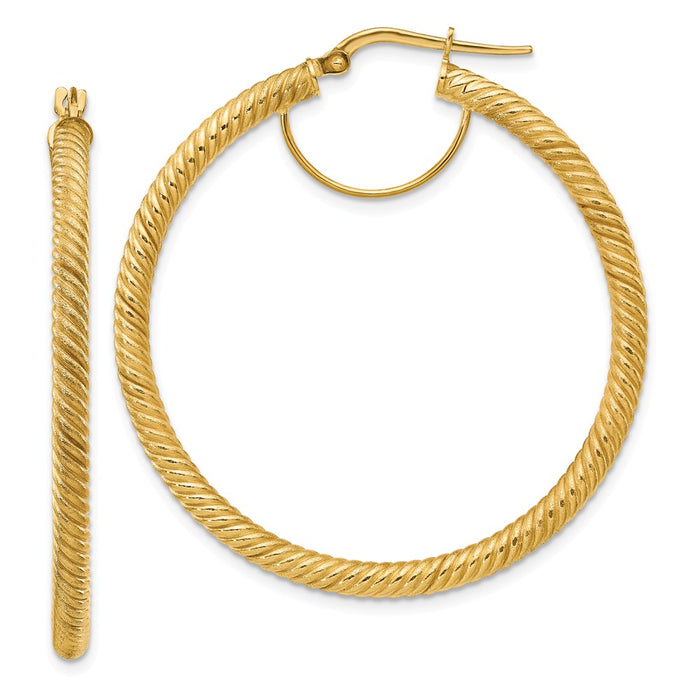 Million Charms 14k Yellow Gold 3x35mm Twisted Round Hoop Earrings, 45.5mm x 44.75mm