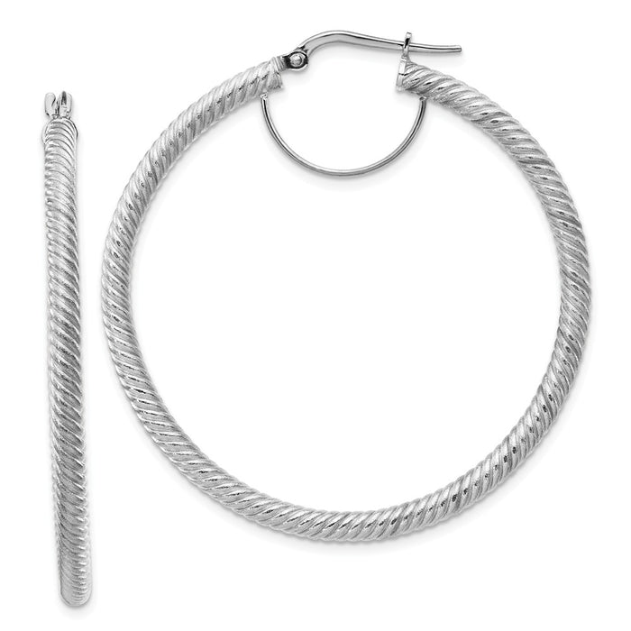 Million Charms 14k 3x40mm White Gold Twisted Round Hoop Earrings, 50mm x 48.25mm