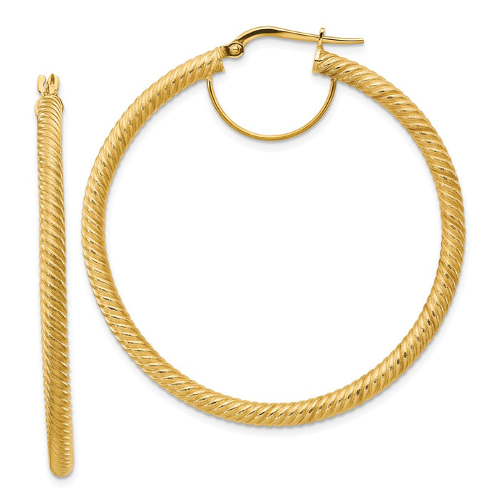 Million Charms 14k Yellow Gold 3x40mm Twisted Round Hoop Earrings, 50mm x 48.25mm