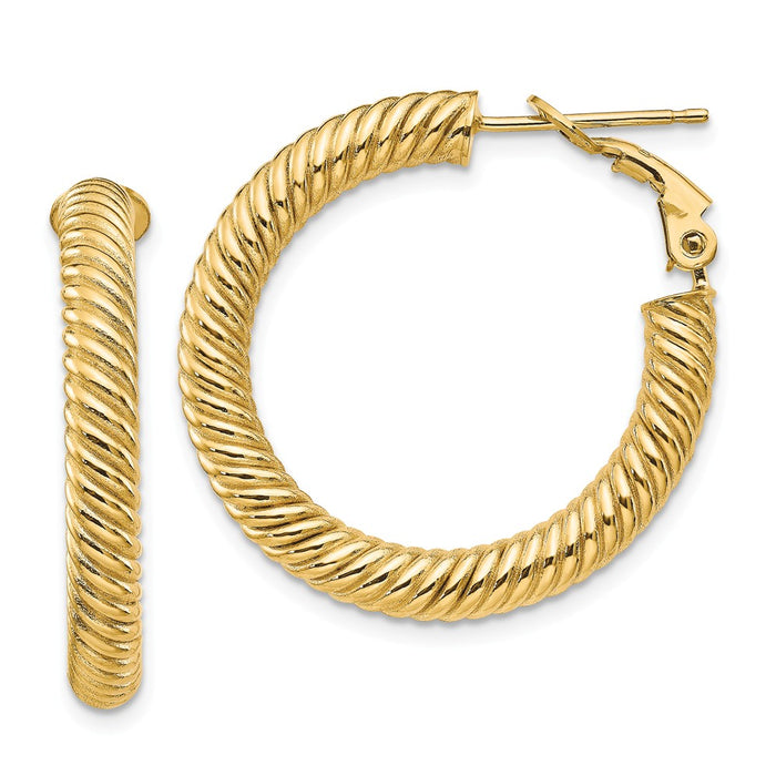 Million Charms 14k Yellow Gold 4x20mm Twisted Round Omega Back Hoop Earrings, 28mm x 28mm