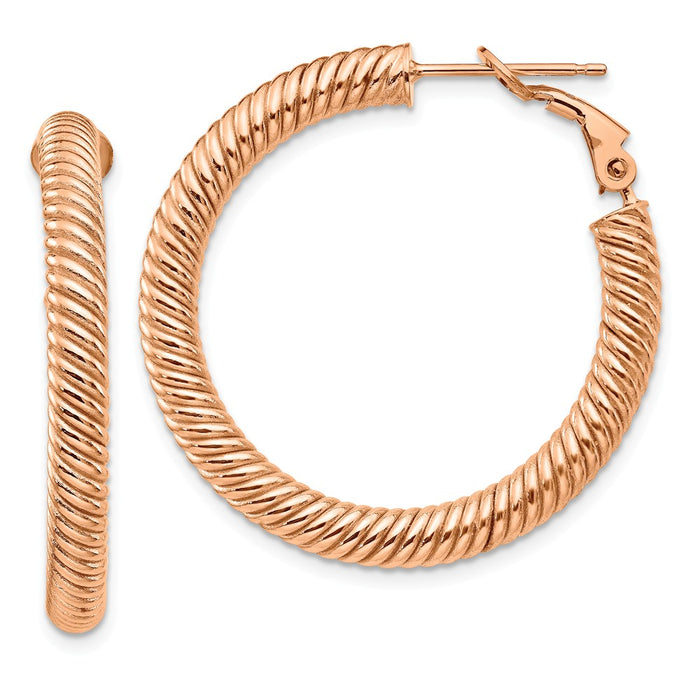 Million Charms 14k 4x25mm Rose Gold Twisted Round Omega Back Hoop Earrings, 33mm x 33.5mm