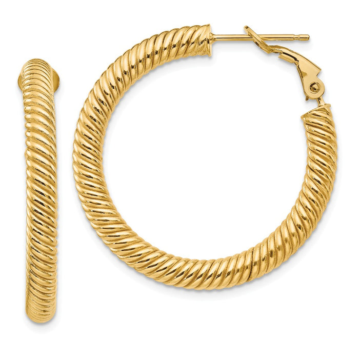 Million Charms 14k Yellow Gold 4x25mm Twisted Round Omega Back Hoop Earrings, 33mm x 33.5mm