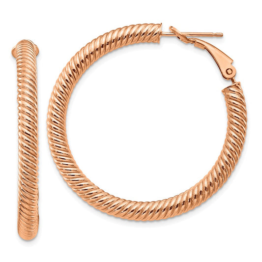 Million Charms 14k 4x30mm Rose Gold Twisted Round Omega Back Hoop Earrings, 39.5mm x 38.5mm