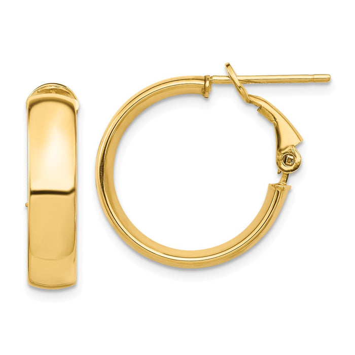 Million Charms 14k Yellow Gold High Polished 5mm Omega Back Hoop Earrings, 20.6mm x 19.76mm