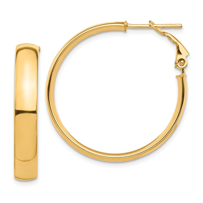 Million Charms 14k Yellow Gold High Polished 5mm Omega Back Hoop Earrings, 31.26mm x 29.63mm