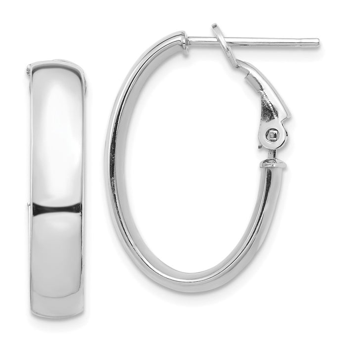 Million Charms 14k White Gold High Polished 5mm Omega Back Hoop Earrings, 23.08mm x 15.71mm