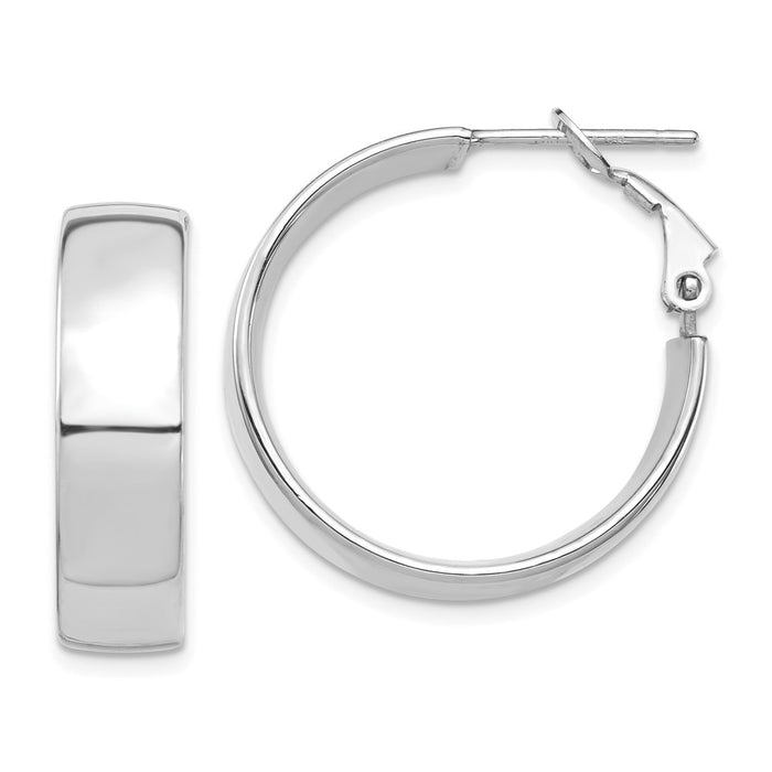 Million Charms 14k White Gold High Polished 7mm Omega Back Hoop Earrings, 25.3mm x 24.3mm