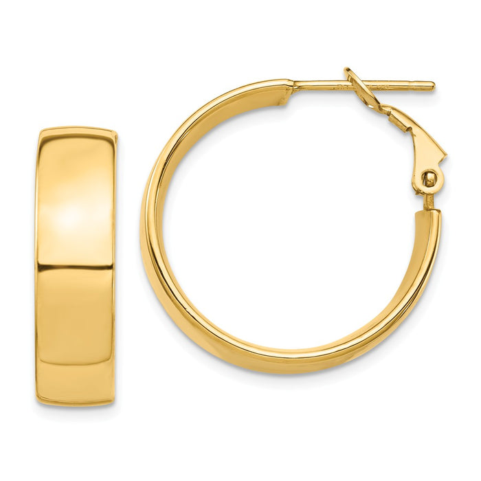 Million Charms 14k Yellow Gold High Polished 7mm Omega Back Hoop Earrings, 25.3mm x 24.3mm