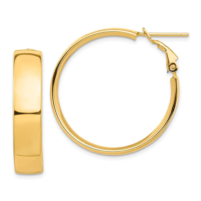 Million Charms 14k Yellow Gold High Polished 7mm Omega Back Hoop Earrings, 29.88mm x 29.65mm