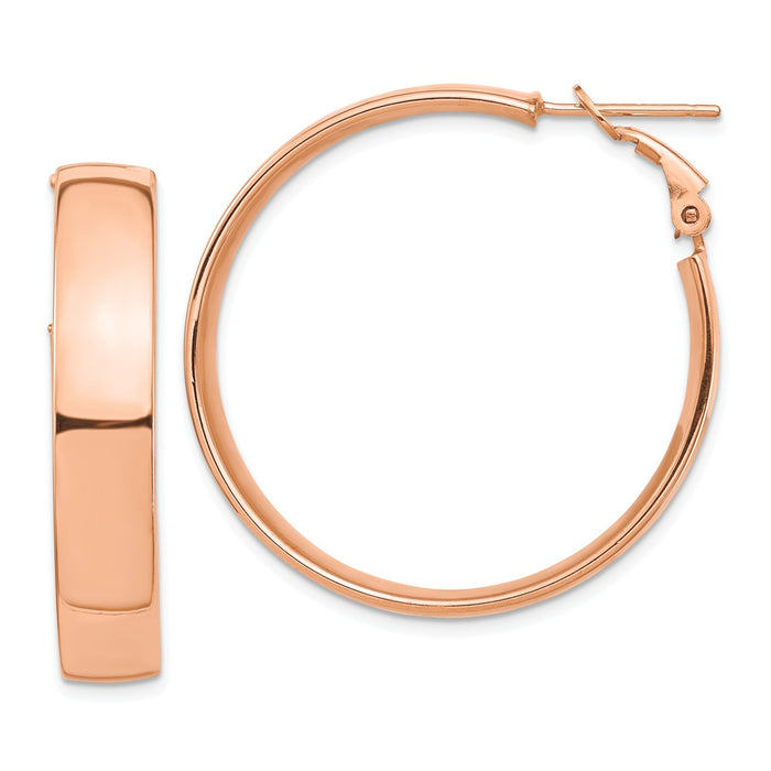 Million Charms 14k Rose Gold High Polished 7mm Omega Back Hoop Earrings, 35.77mm x 35.18mm