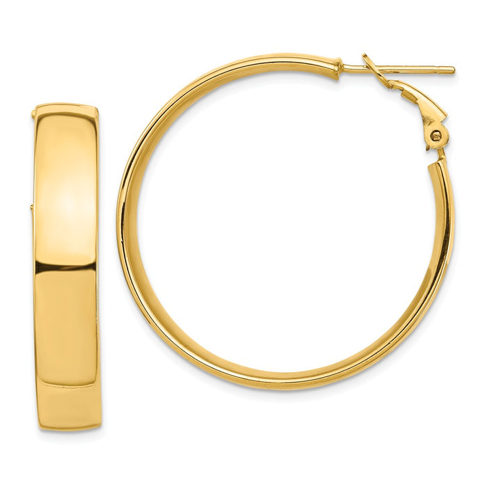 Million Charms 14k Yellow Gold High Polished 7mm Omega Back Hoop Earrings, 35.77mm x 35.18mm