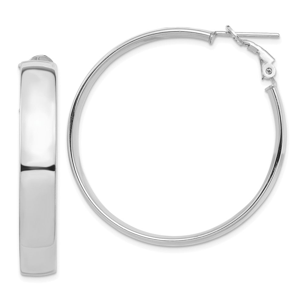 Million Charms 14k White Gold High Polished 7mm Omega Back Hoop Earrings, 42.7mm x 42mm