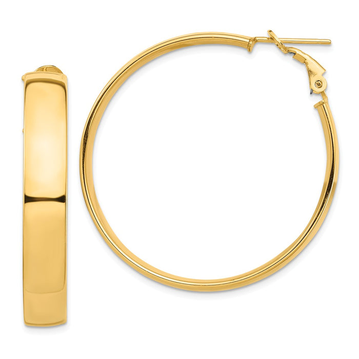 Million Charms 14k Yellow Gold High Polished 7mm Omega Back Hoop Earrings, 42.7mm x 42mm