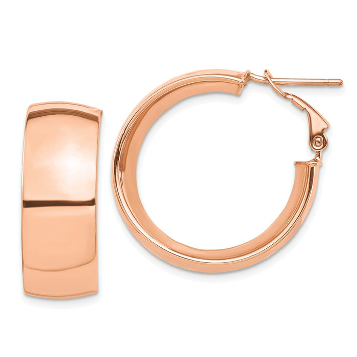 Million Charms 14k Rose Gold High Polished 10mm Omega Back Hoop Earrings, 27.9mm x 26.38mm