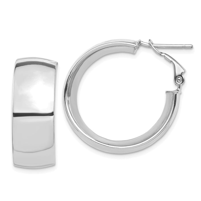 Million Charms 14k White Gold High Polished 10mm Omega Back Hoop Earrings, 27.9mm x 26.38mm