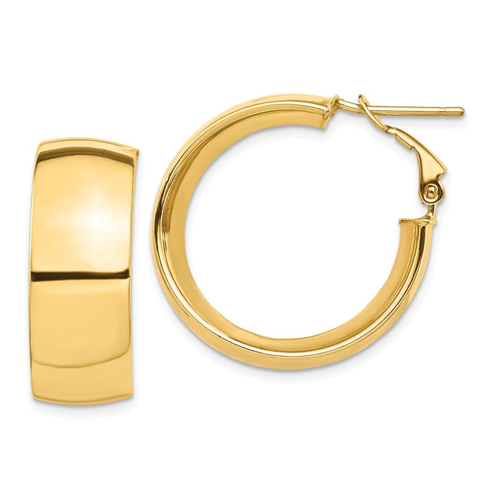 Million Charms 14k Yellow Gold High Polished 10mm Omega Back Hoop Earrings, 27.9mm x 26.38mm