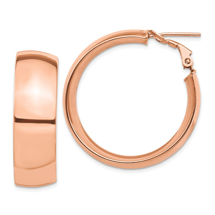 Million Charms 14k Rose Gold High Polished 10mm Omega Back Hoop Earrings, 32.42mm x 31.71mm