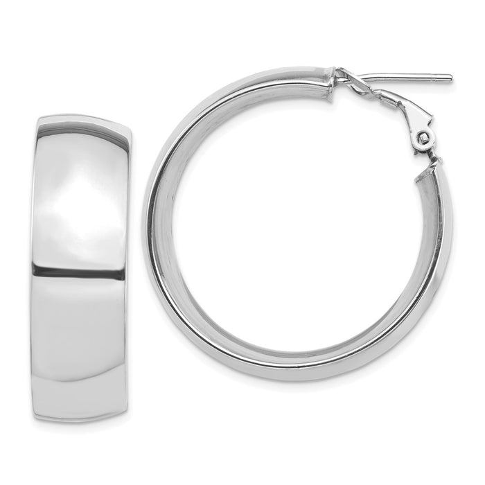 Million Charms 14k White Gold High Polished 10mm Omega Back Hoop Earrings, 32.42mm x 31.71mm