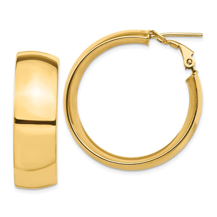 Million Charms 14k Yellow Gold High Polished 10mm Omega Back Hoop Earrings, 32.42mm x 31.71mm
