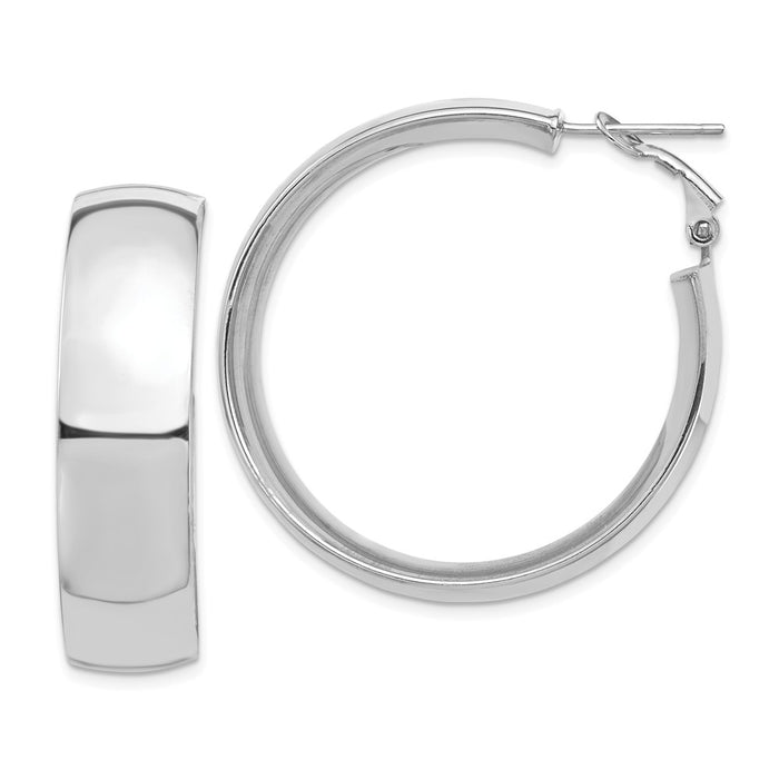 Million Charms 14k White Gold High Polished 10mm Omega Back Hoop Earrings, 38.6mm x 37.25mm