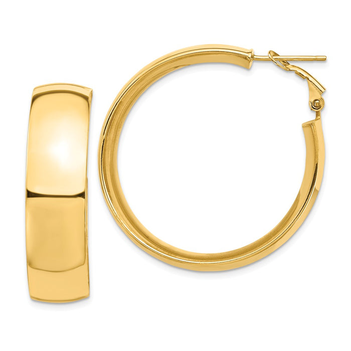 Million Charms 14k Yellow Gold High Polished 10mm Omega Back Hoop Earrings, 38.6mm x 37.25mm