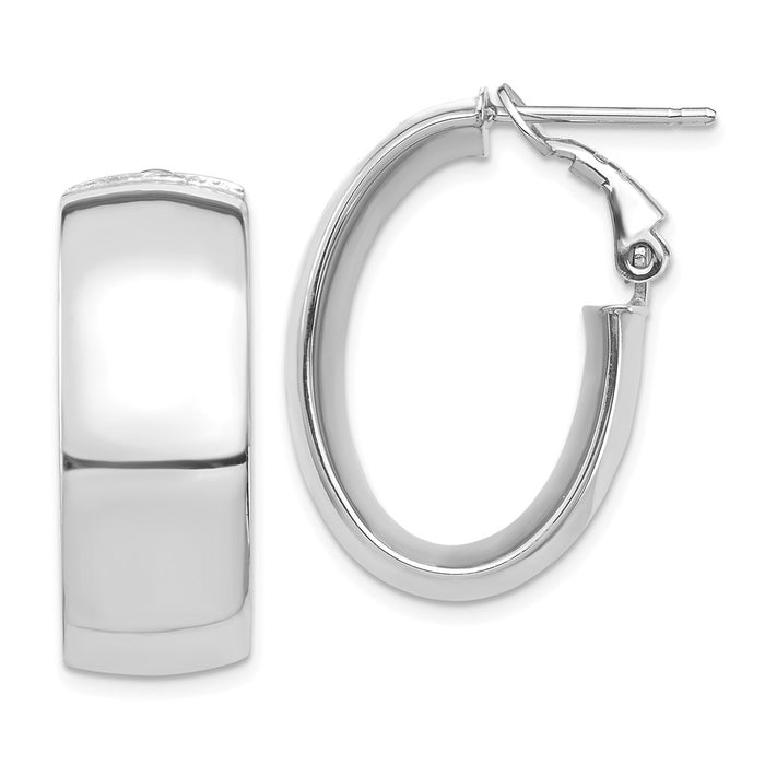 Million Charms 14k White Gold High Polished 10mm Omega Back Oval Hoop Earrings, 25.7mm x 18.41mm