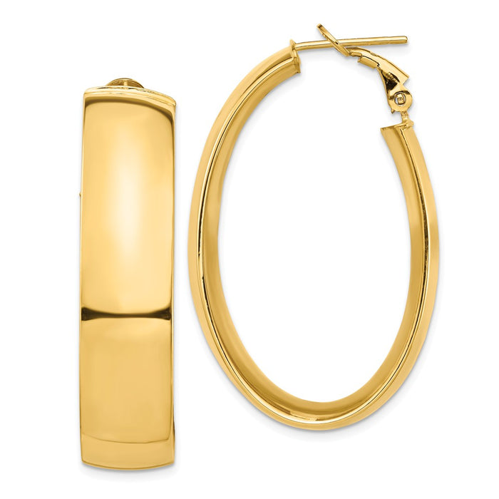 Million Charms 14k Yellow Gold High Polished 10mm Omega Back Oval Hoop Earrings, 41.09mm x 28.07mm