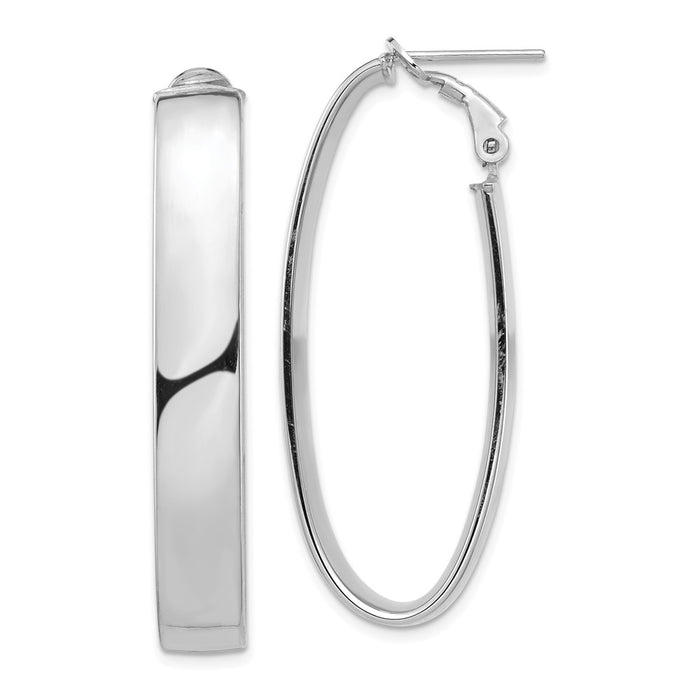 Million Charms 14k White Gold High Polished 7mm Omega Back Oval Hoop Earrings, 43.06mm x 19.72mm