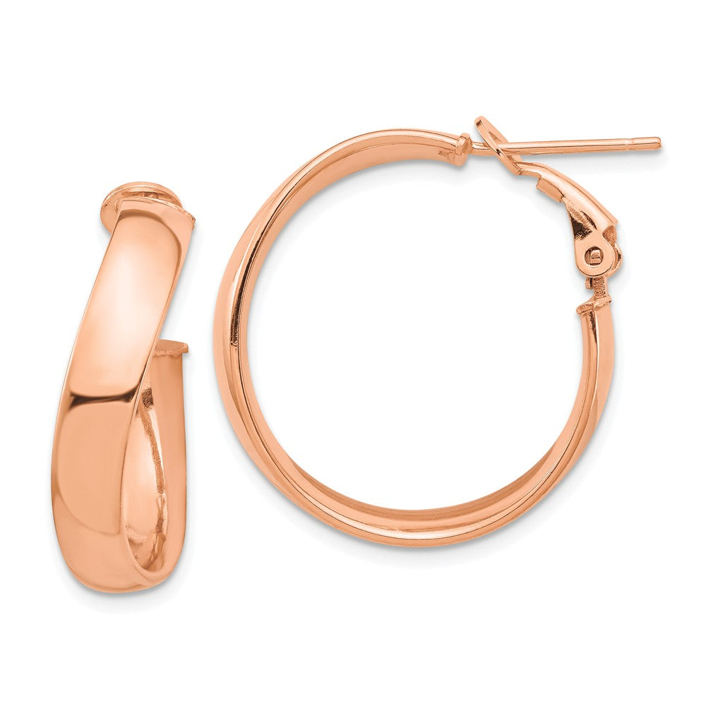 Million Charms 14k Rose Gold High Polished 5mm Wavy Omega Back Hoop Earrings, 24.3mm x 24.6mm