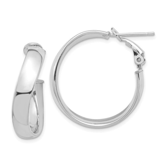 Million Charms 14k White Gold High Polished 5mm Wavy Omega Back Hoop Earrings, 24.3mm x 24.6mm