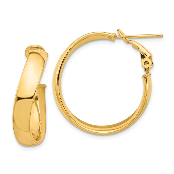 Million Charms 14k Yellow Gold High Polished 5mm Wavy Omega Back Hoop Earrings, 24.3mm x 24.6mm