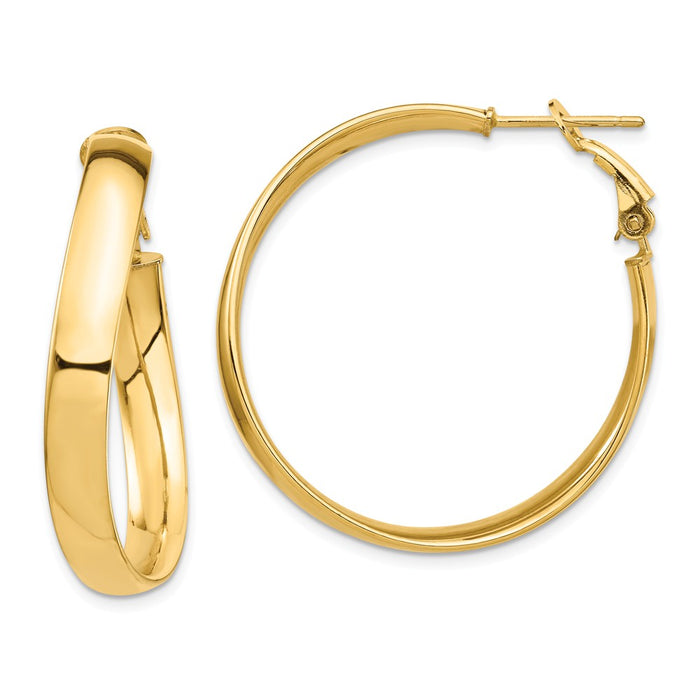 Million Charms 14k Yellow Gold High Polished 5mm Wavy Omega Back Hoop Earrings, 35.09mm x 34.65mm