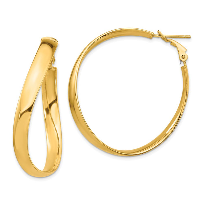 Million Charms 14k Yellow Gold High Polished 5mm Wavy Omega Back Hoop Earrings, 40.8mm x 39.8mm