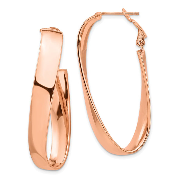 Million Charms 14k Rose Gold Polished 7mm Twisted Omega Back Oval Hoop Earrings, 43.17mm x 18.52mm