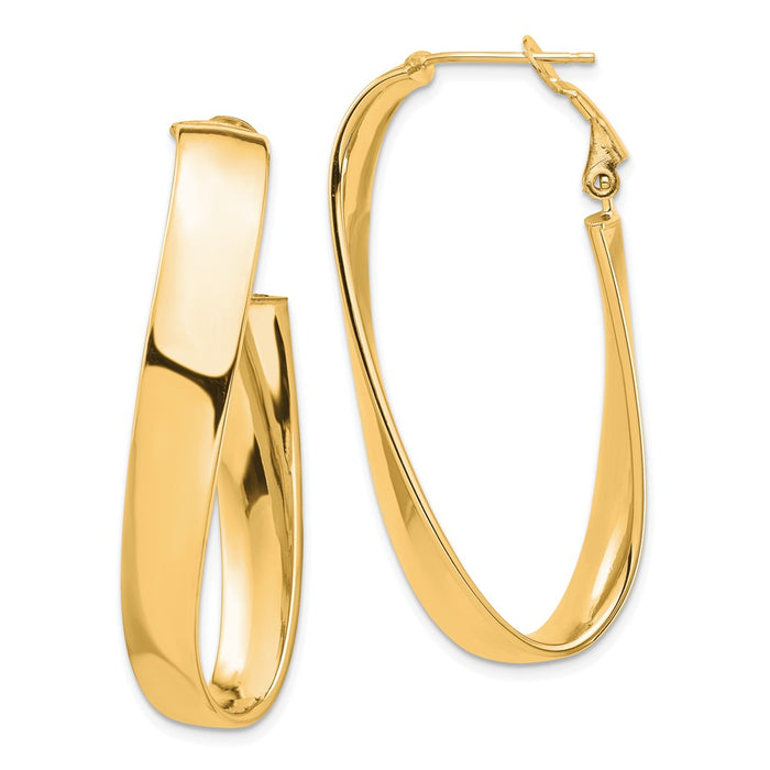 Million Charms 14k Yellow Gold High Polished 7mm Twisted Omega Back Oval Hoop Earrings, 43.17mm x 18.52mm