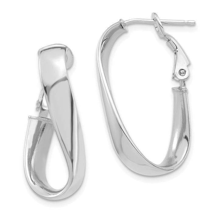 Million Charms 14k White Gold Polished 5mm Twisted Oval Omega Back Hoop Earrings, 27.11mm x 14.58mm