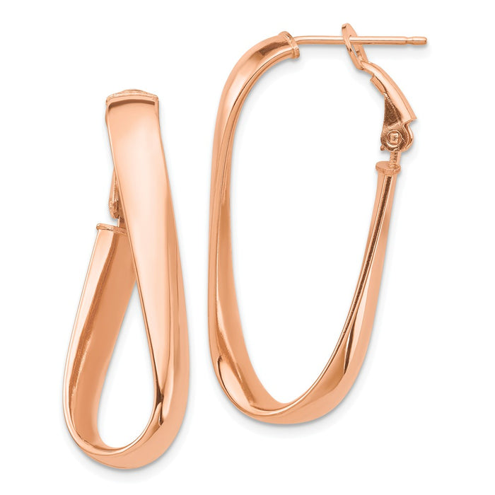 Million Charms 14k Rose Gold High Polished 5mm Wavy Oval Omega Back Hoop Earrings, 35.37mm x 14.46mm