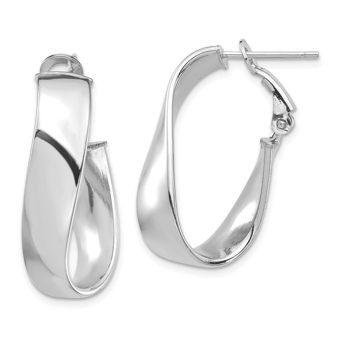 Million Charms 14k White Gold Polished 7mm Twisted Omega Back Oval Hoop Earrings, 26.95mm x 14.85mm