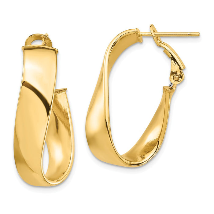 Million Charms 14k Yellow Gold High Polished 7mm Twisted Omega Back Oval Hoop Earrings, 26.95mm x 14.85mm