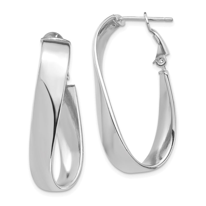 Million Charms 14k White Gold High Polished 7mm Wavy Omega Back Oval Hoop Earrings, 36.05mm x 16.65mm